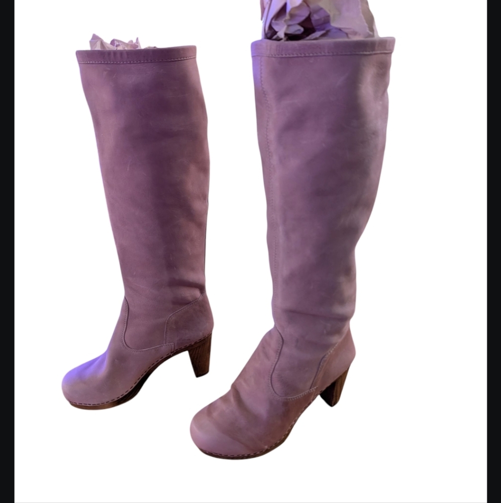 Dusty Pink Leather Boots, Wooden Heels